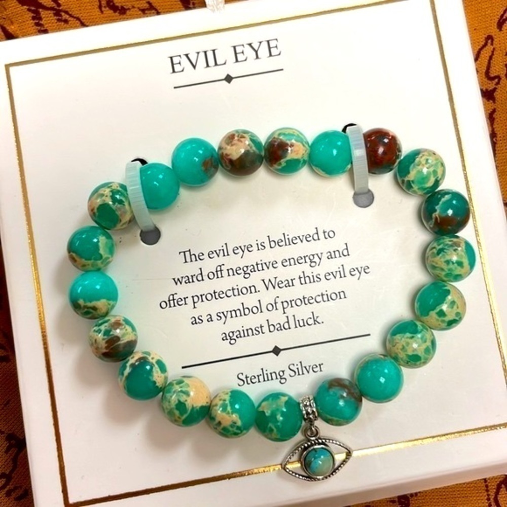 Brand New Teal Marbled Beaded Bracelet Sterling Silver Evil Eye Charm Protection